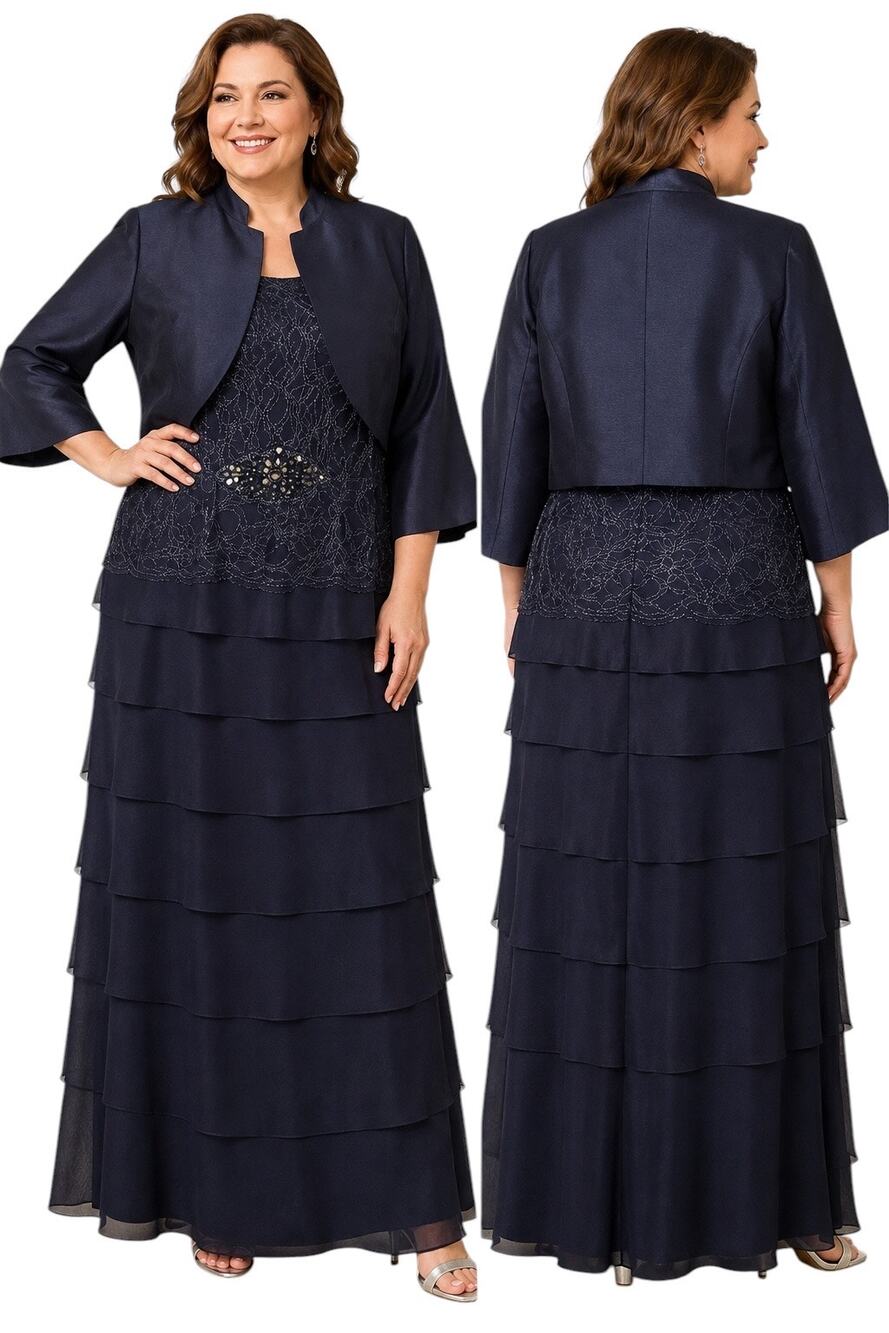 Jessica Howard Navy Formal Gown, Bolero Jacket, Lace Beaded Tier, Plus Size 18W